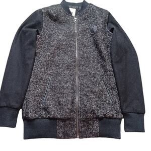 Vans Route‎ 99 Black Herringbone Wool Blend Varsity Bomber Zip Jacket XS